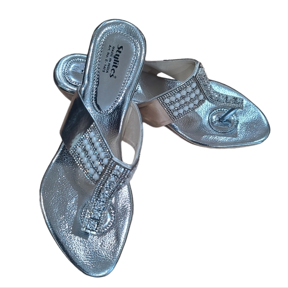Shoes - Handmade Silver Pakistani Indian Bride Kolhapuri Chappal Wedge Slide Sandals